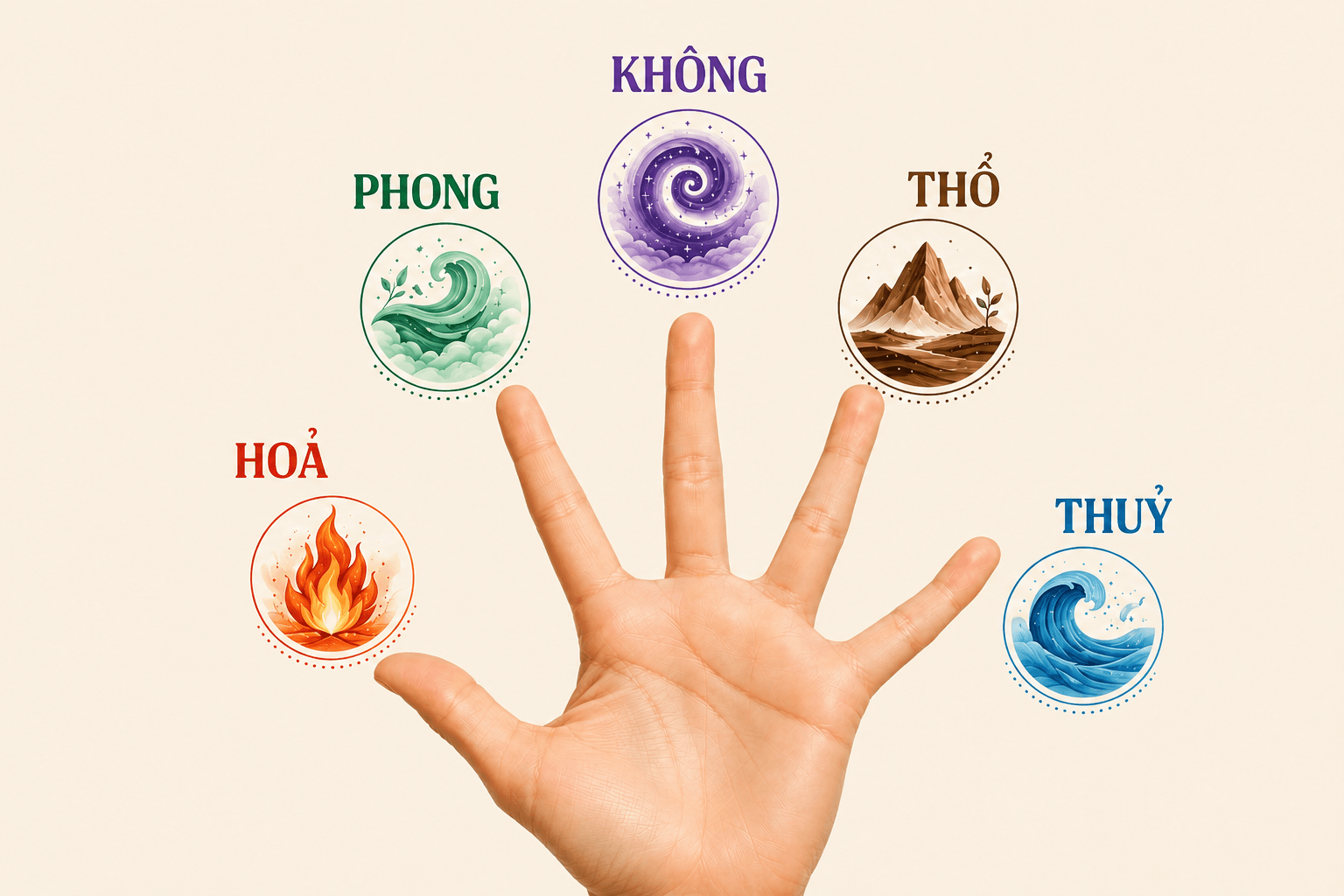 Sơ đồ Ngũ Đại trên bàn tay: ngón cái là Hỏa, ngón trỏ là Phong, ngón giữa là Không, ngón áp út là Địa, ngón út là Thủy